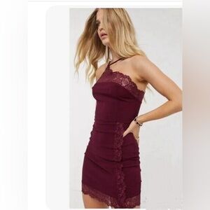Free People Lace Trim stretchy mini dress in wine Burgundy
